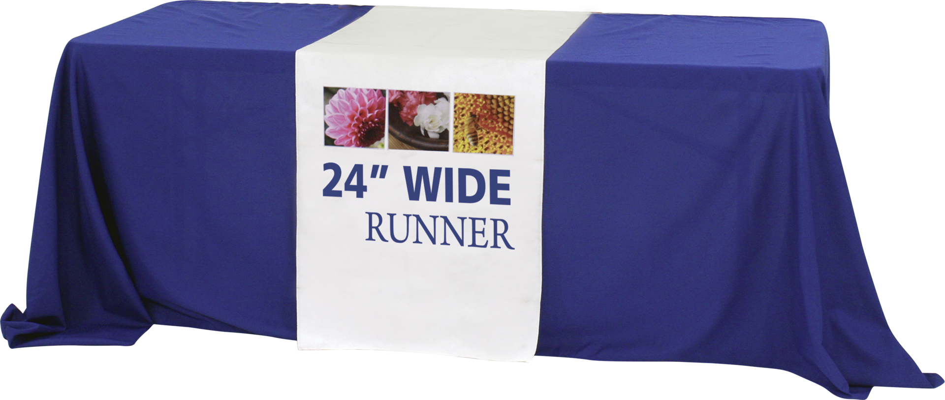 Purple Exhibits. Custom Printed Table Runner in 60", 36", 30" & 24" Sizes