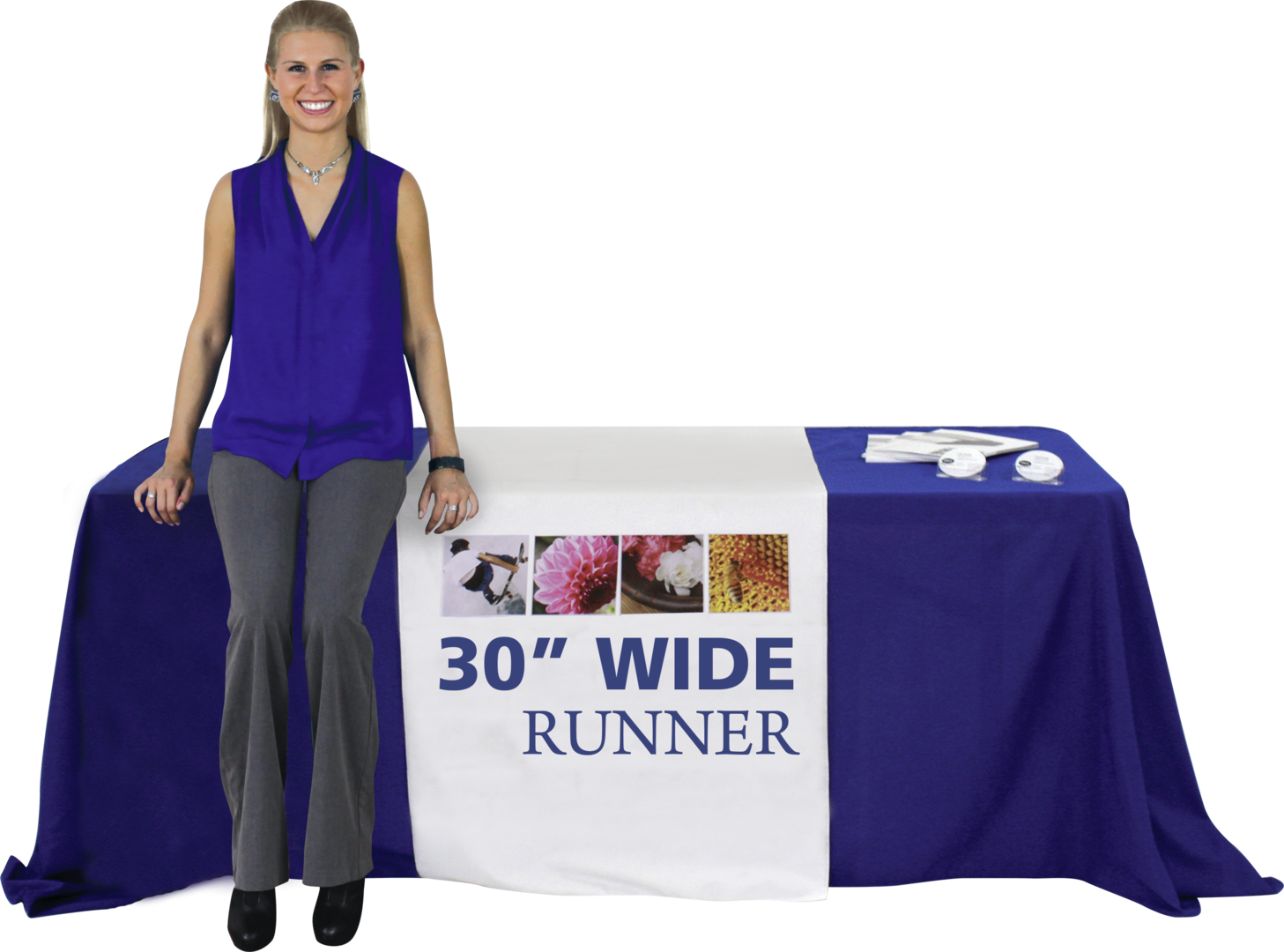 Purple Exhibits. Custom Printed Table Runner in 60", 36", 30" & 24" Sizes